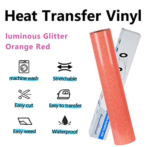 Heat Transfer Vinyl Glow Orange Red Glitter HTV Roll 12" x 8ft