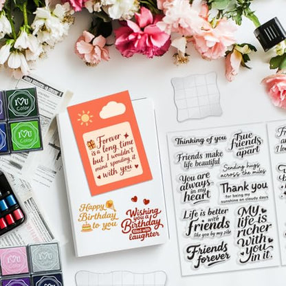 6 Pcs Greeting Words Clear Stamps for Card Making 20 Ink Pad (29 Count)