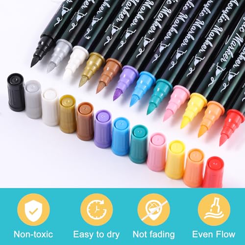12 Colors Precision Brush & Fine Dual Tip Acrylic Paint Markers Pens (12 Count)
