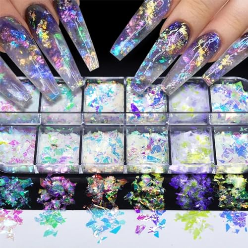 12 Colors Holographic Glitter Nail Art Sequins Aurora Iridescent Nail Flakes Glitter Chameleon Flakes Irregular Ice Slag Glass Paper Ultra Thin Mermaid Nail Glitter for Nail Art Make
