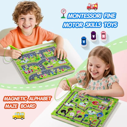 2 in 1 Magnetic Color and Number Maze Magnet Alphabet Counting Double Sided Board Wood Puzzle Fine Motor Skills Montessori Preschool Toys Gifts for Boys and Girls 3
