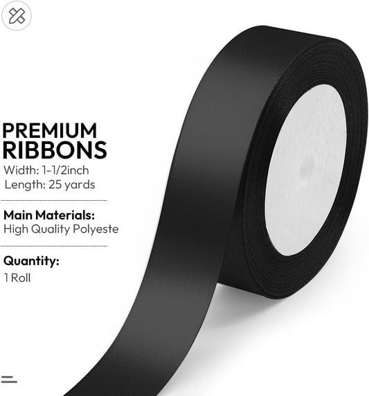 KMER LIFE Solid Color Black Satin Ribbon, 1 Inches x 25 Yards Fabric Satin Ribbon for Gift Wrapping, Crafts, Hair Bows Making, Wreath, Wedding Party Decoration and Other Sewing Projects - Crafty Corner