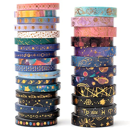 Skinny Galaxy Washi Tape Set 30 Rolls Gold Foil Decorative Starry Space Masking Tapes for Arts (295 Foot)