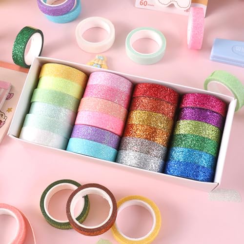 Glitter Washi Tape Metallic Decorative Craft Tape Set 24 Rolls Colored Masking for Scrapbook DIY Art Craft Supplies Gift Decor (24 Count)