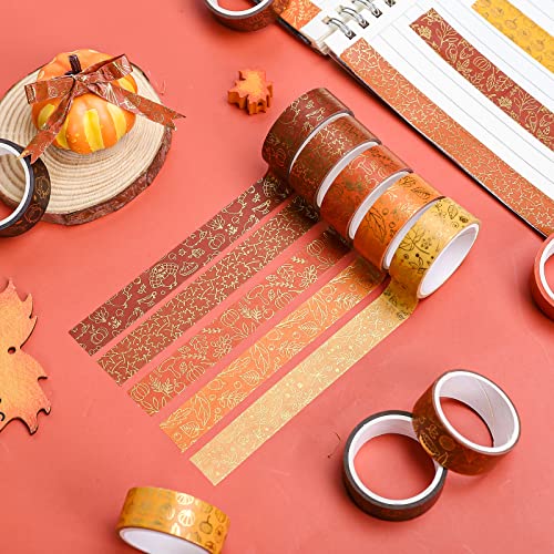 12 Rolls Fall Washi Tapes Foil Gold Decorative Tape Autumn Gnome Pumpkin Fall Leaves Turkey Patterned Masking Tape for Fall Thanksgiving Scrapbook Journal DIY Craft Gift Wrapping (12 Count)