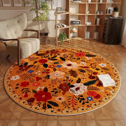 Round Rug 4ft Washable Circle Rug Non Slip Low Pile Boho Floral Small Circular Rug for Bedroom