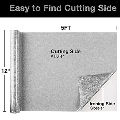 Silver Glitter HTV Heat Transfer Vinyl Roll 12 inch x 5 ft Iron on Vinyl for T Shirts Crafts