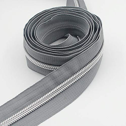 5 Metallic Silver Nylon Coil Zippers by The Yard Bulk 10 Yards Grey Tape with 25pcs Silver Sliders for DIY Sewing Tailor Craft Bag
