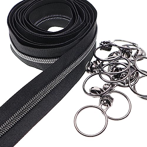5 Black Nickel Metallic Nylon Coil Teeth Zippers by the Yard Bulk 10 Yards Black Zipper Tape with 25pcs Black Nickel Ring Pull Sliders for DIY Sewing Tailor Craft Bag