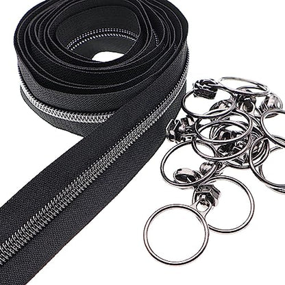 5 Black Nickel Metallic Nylon Coil Teeth Zippers by the Yard Bulk 10 Yards Black Zipper Tape with 25pcs Black Nickel Ring Pull Sliders for DIY Sewing Tailor Craft Bag