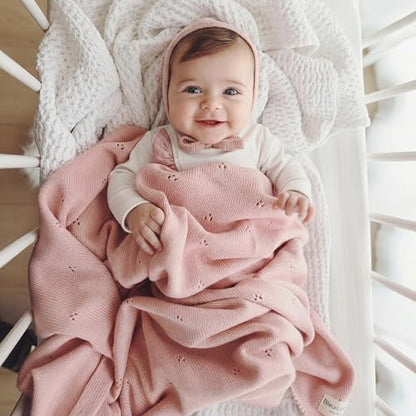 100% Luxury Organic Cotton Pointelle Knit Baby Quilt Blanket for Girls
