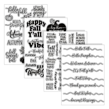 4 Sheet Fall Thanksgiving Words Clear Stamps Greeting Words Pumpkin Maple Leaves Silicone Transparent Stamps Happy Fall Stamp Cards for DIY Craft Card Making Scrapbooking Embossing Album Decor (4 Count)
