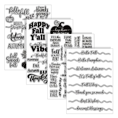 4 Sheet Fall Thanksgiving Words Clear Stamps Greeting Words Pumpkin Maple Leaves Silicone Transparent Stamps Happy Fall Stamp Cards for DIY Craft Card Making Scrapbooking Embossing Album Decor (4 Count)