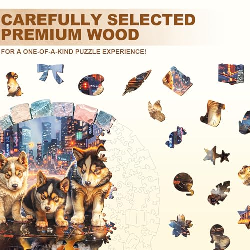 Puppies Puzzles Dog Neon Mosaic Creative Shaped City Nightscape Round Puzzle Adults Gifts for Women Men Wooden 100 Pieces 8.5 * 8.5in