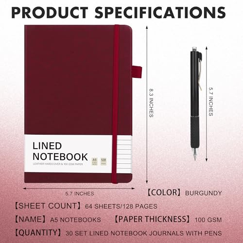 30 Set Lined Notebook Journals with Pens A5 Notebooks 100 GSM College Ruled Hardcover Notebook PU Leather Notepad with Pen Holder for Office School