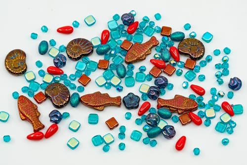 2.1 oz (60 g) Mix of Unique Czech Bohemia Glass Pressed Beads, Matte and Glossy, Hand Made, Coral Red Turquoise New (2.1164 Ounce)