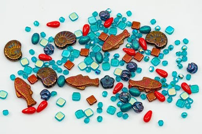 2.1 oz (60 g) Mix of Unique Czech Bohemia Glass Pressed Beads, Matte and Glossy, Hand Made, Coral Red Turquoise New (2.1164 Ounce)