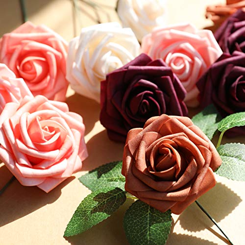 Burgundy Shades Rose 25pcs Real Looking Artificial Flowers w (25 Count)
