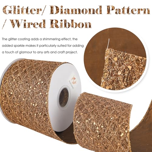 4 inch Copper Glitter Wired Christmas Ribbon 10 Yards (30 Foot)