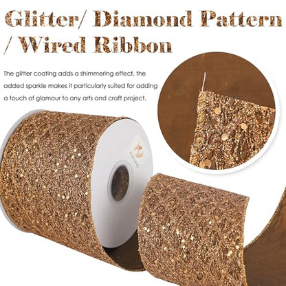 4 inch Copper Glitter Wired Christmas Ribbon 10 Yards (30 Foot)