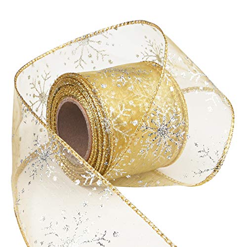 2.5 Inch Wide Christmas Wired Ribbon Snowflake Organza Sheer Glitter Ribbon for Xmas Tree (32.7 Foot)