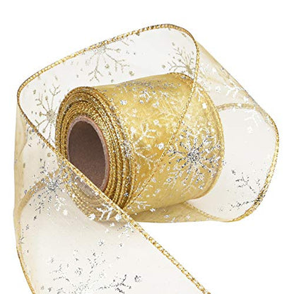 2.5 Inch Wide Christmas Wired Ribbon Snowflake Organza Sheer Glitter Ribbon for Xmas Tree (32.7 Foot)