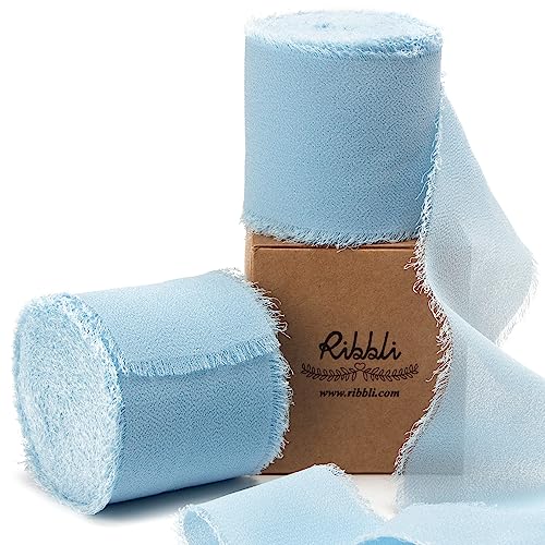 Baby Blue Chiffon Ribbon 2 Inch x 20 Yard Handmade Fringe Chiffon Silk Ribbon Blue Ribbon for Gifts Wrapping (60 Foot)