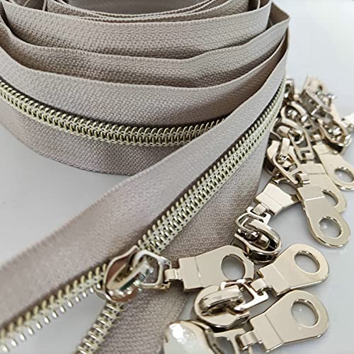 5 Light Gold Teeth Metallic Nylon Coil Zippers by The Yard Bulk 10 Yards Beige Tape with 25pcs Gold Sliders for DIY Sewing Tailor Craft Bag