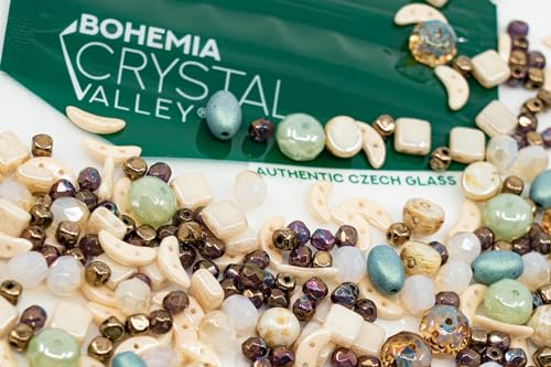 2.1oz (60 g) Mix of Unique Czech Bohemia Glass Pressed Beads, Matte and Glossy, Hand Made, Beige Blue Luster (2.1164 Ounce)