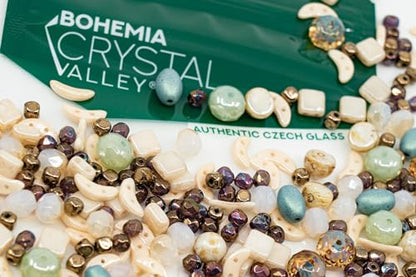 2.1oz (60 g) Mix of Unique Czech Bohemia Glass Pressed Beads, Matte and Glossy, Hand Made, Beige Blue Luster (2.1164 Ounce)