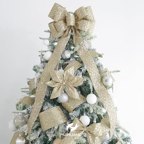 Glitter Champagne Wired Christmas Ribbon 2.5 inch x 10 Yards (30 Foot)