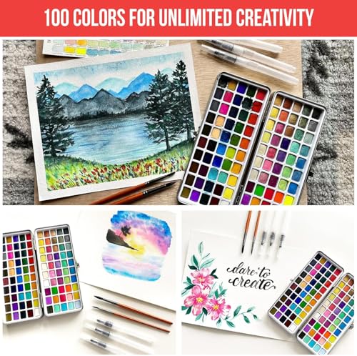 Premium Watercolor Paint Set Bundle with 100 Vibrant Colors for Adults