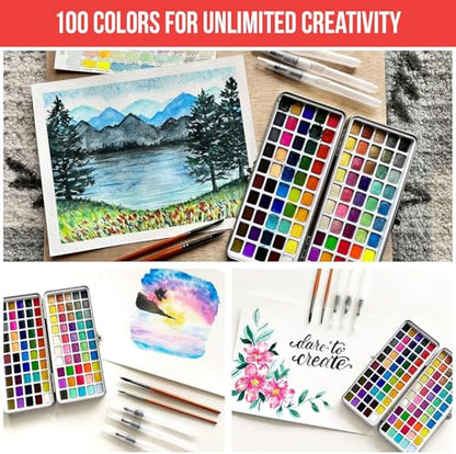 Premium Watercolor Paint Set Bundle with 100 Vibrant Colors for Adults