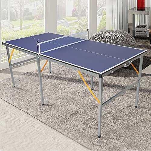 6FT/8FT/9FT Mid-Size Table Tennis Table Ping-Pong Table Set Foldable & Portable Table Indoor Outdoor for Family Game (Blue, 6FT)