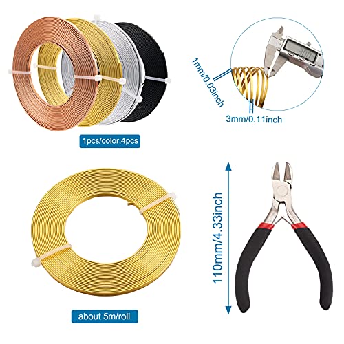 65Ft 4 Colors Aluminum Flat Wire 3mm Wide Bendable Metal Craft Wire Strip 18 Gauge with Side Cutting Plier for Bezel Sculpting Armature Jewelry Making Gem Metal Wrap