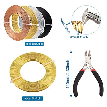 65Ft 4 Colors Aluminum Flat Wire 3mm Wide Bendable Metal Craft Wire Strip 18 Gauge with Side Cutting Plier for Bezel Sculpting Armature Jewelry Making Gem Metal Wrap