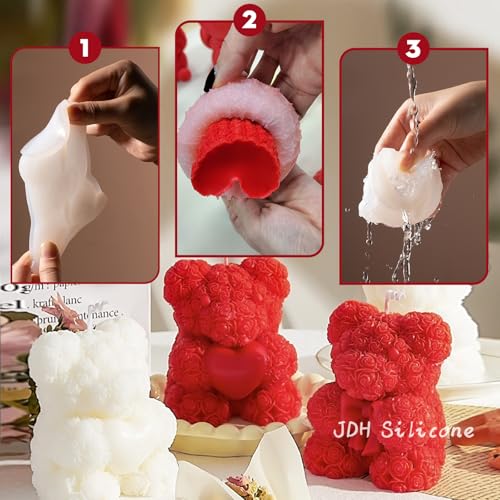 2 Pack Mini 3D Rose Bear Silicone Molds for Candle Resin Chocolate DIY