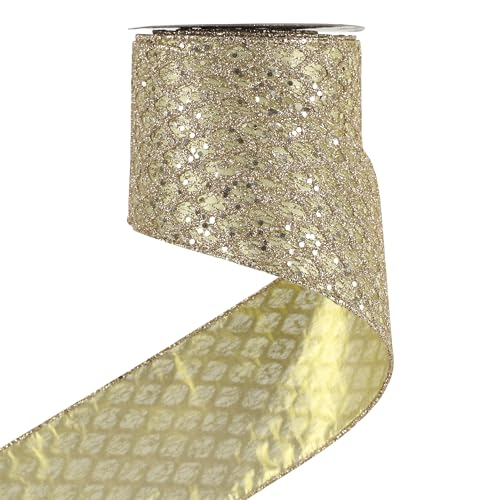 Glitter Champagne Gold Wired Christmas Ribbon 4 inch x 10 Yards (30 Foot)