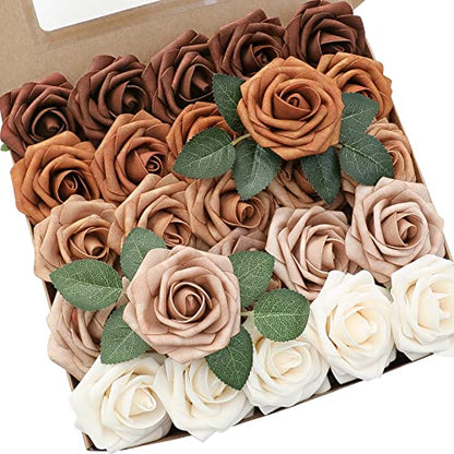 Artificial Flowers 25pcs Real Looking Earth Tones Ombre Colors Foam Fake Roses with Stems for DIY Wedding Bouquets Bridal Shower Floral Centerpieces Party Tables Home Decorations (25 Count)