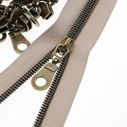 5 Beige Zipper Tape Antique Brass Teeth Metallic Nylon Coil Zipper by The Yard Bulk 10 Yards with 25pcs Brass Sliders Long Zippers for DIY Sewing Tailor Craft Bag