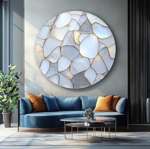 31.5''(80cm) Diameter White Stone Mosaic Round Glass Wall Art Tempered Glass Printing Wall Decor Large Wall Art Wall Hangings