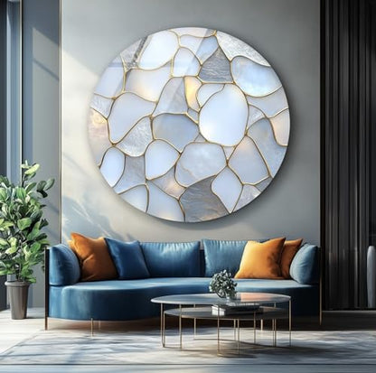 31.5''(80cm) Diameter White Stone Mosaic Round Glass Wall Art Tempered Glass Printing Wall Decor Large Wall Art Wall Hangings