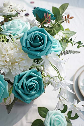 Artificial Flowers 25pcs Real Looking Green Ombre Colors Foam Fake Roses with Stems for DIY Wedding Bouquets Bridal Shower Centerpieces Floral Arrangements Party Tables Home Decorations (25 Count)