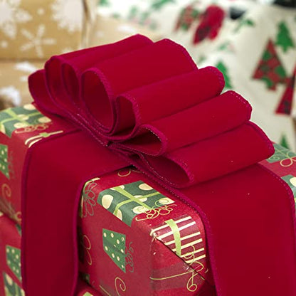 Red Velvet Wired Ribbon 2.5 Inch Wide Red Ribbons 25 Yards Spool Velvet Christmas Ribbon Red Wired Ribbons for Christmas Tree (75 Foot)
