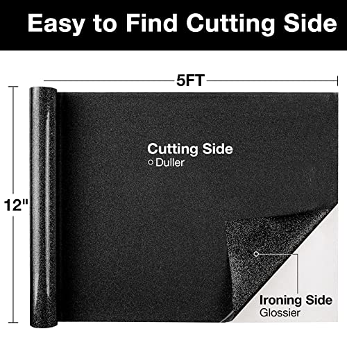 Black Glitter HTV Heat Transfer Vinyl Roll 12 inch x 5 ft Iron on Vinyl for T Shirts Crafts