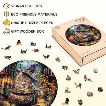 Wooden Puzzles for Adults Magic Feline Cat Jigsaw Puzzle 17.3*17.3in (450 Count)
