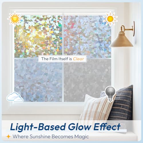 Rainbow Window Privacy Film Decorative Stained Glass Diamond Pattern Window Sticker with Iridescent Tint Non (12.92 Sq Ft)
