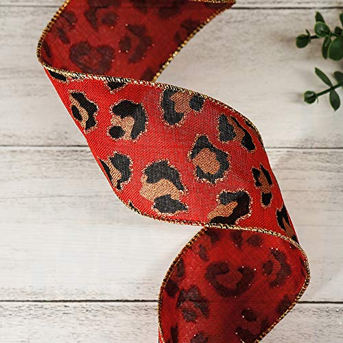 Burlap Leopard Fabric Wired Ribbon 2.5" x 10 Yards Red with Black and Gold Color for Christmas Home Wedding Decor Gift Wrapping Tree Topper Bow Wreath Bouquet DIY Crafts (30 Foot)