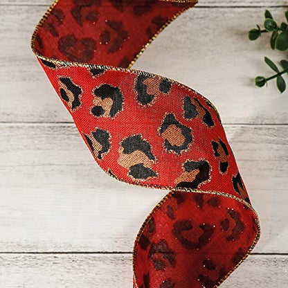 Burlap Leopard Fabric Wired Ribbon 2.5" x 10 Yards Red with Black and Gold Color for Christmas Home Wedding Decor Gift Wrapping Tree Topper Bow Wreath Bouquet DIY Crafts (30 Foot)