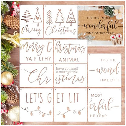 Christmas Stencils for Door Mats Reusable Large Doormat Stencils for Painting Christmas Stencil Merry Christmas Tree Templates for Doormats Wood Sign Door Hang Crafts (10 Count)
